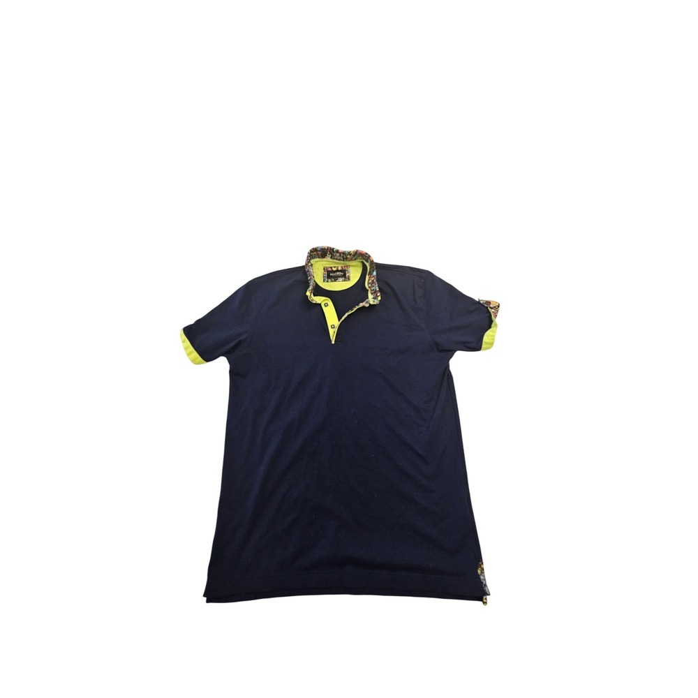 Maczoo Mens Navy Blue Neon Yellow Pop Art Trim Polo Shirt Size 5 XL Short Sleeve
